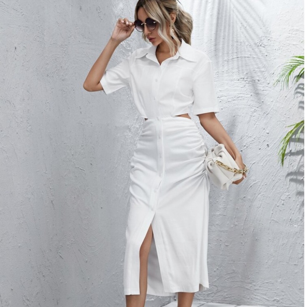 NWT button-front Ruched Detail CutOut Shirt Dress.